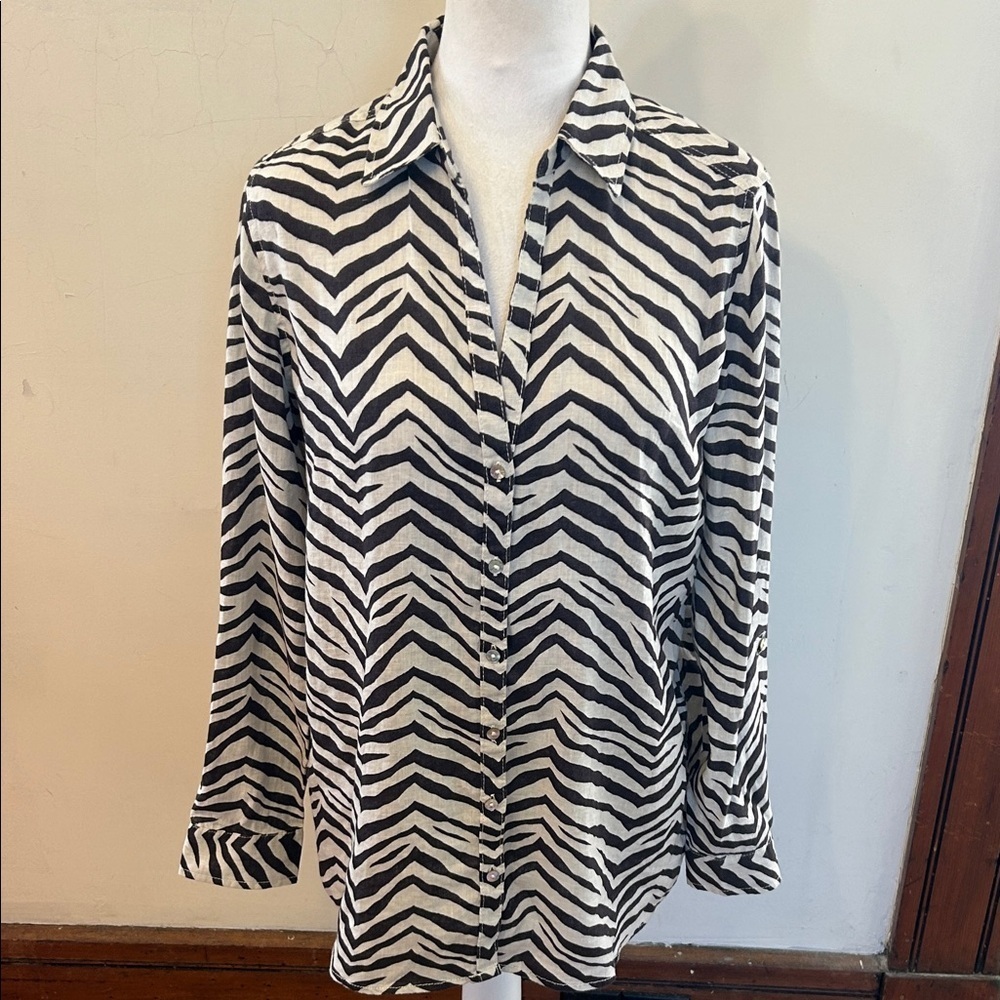 Tahari Cream Brown Zebra Print Women's Linen blouse Size S EUC